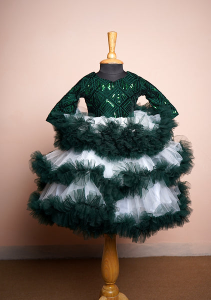 Dark Green Sequin velvet and Plain net Floral Design Girl kid Birthday Wear