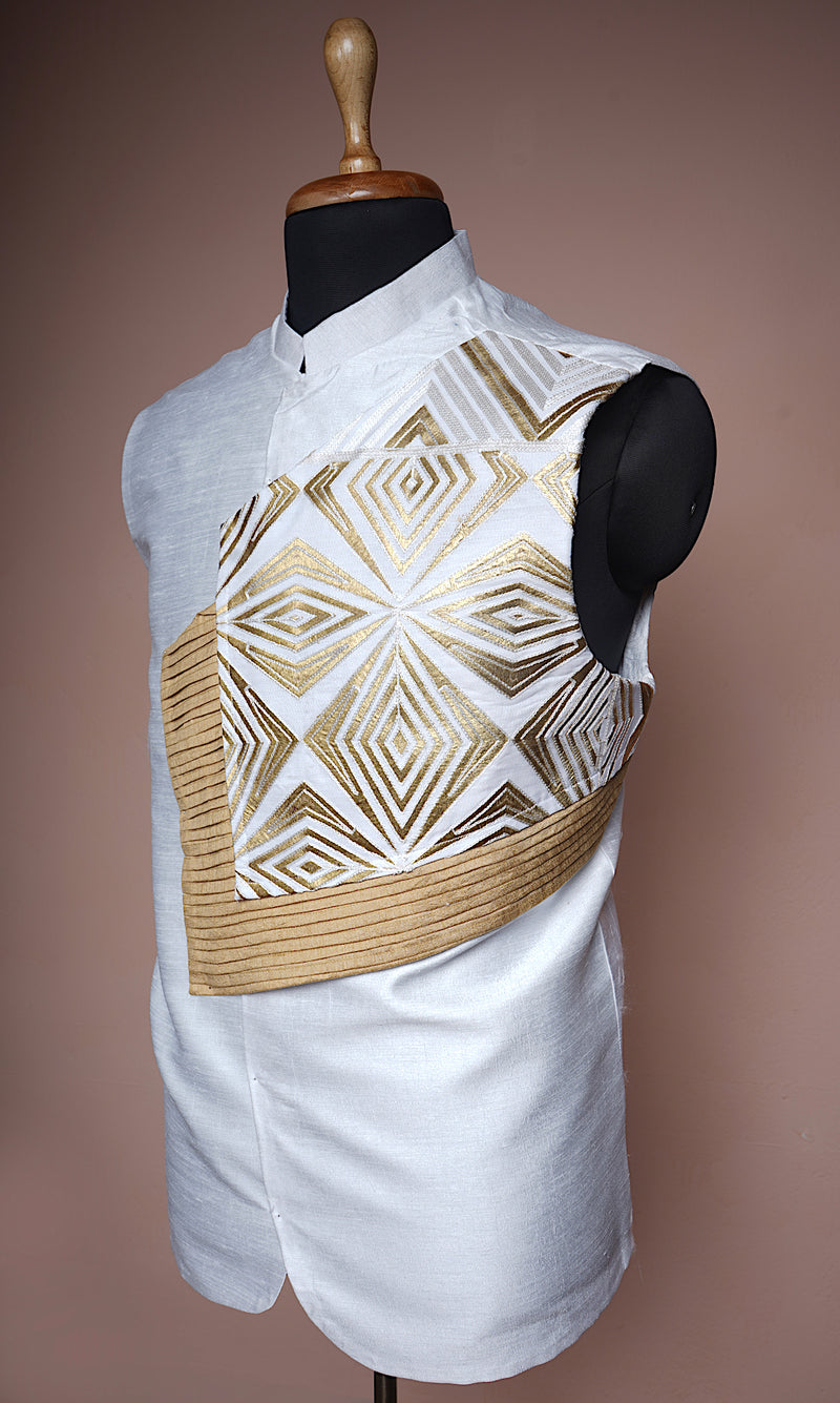 White Rawsilk and Gold Design Kali Fabric Mens Suits