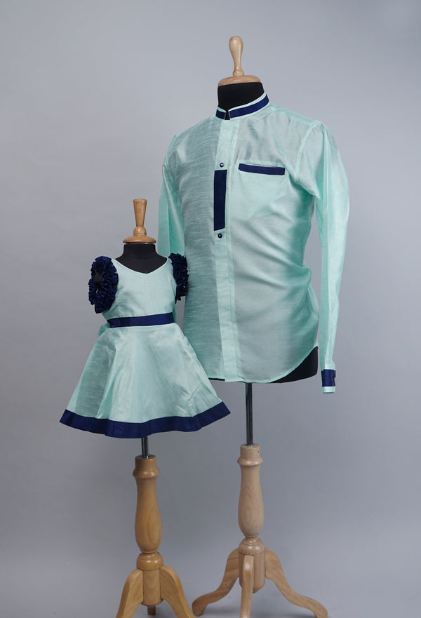 Aqua Green with Navy Blue Dad and Daughter Combo Combo Matching Set