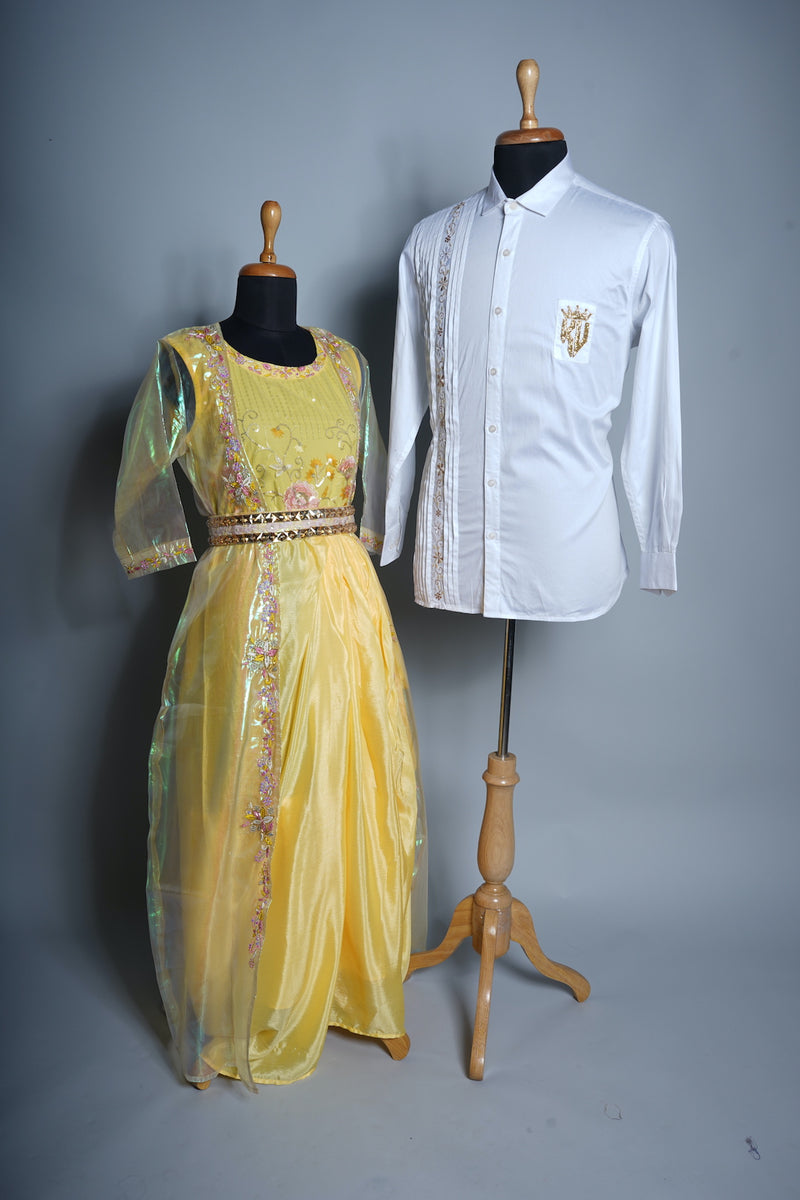 Yellow and White Couple Clothing with Special Embroidery work with Gold Stone Belt