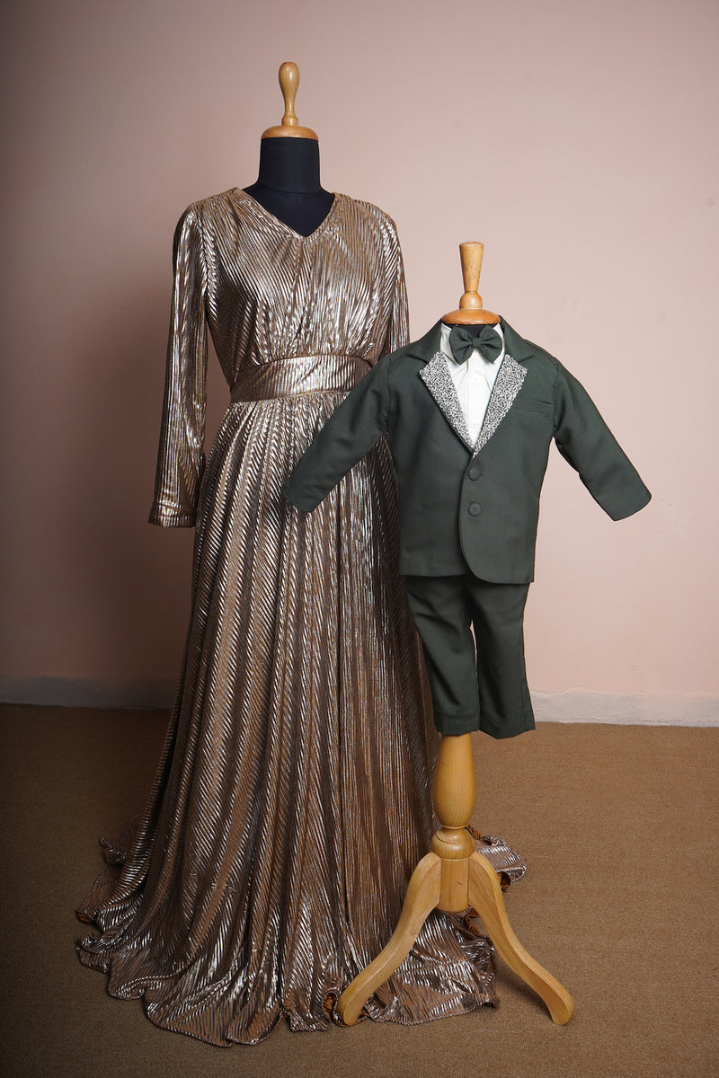 Bottle Green Suiting Fabric and Brown Foil Pleated with Special Embroidery work in Mom and Son Combo