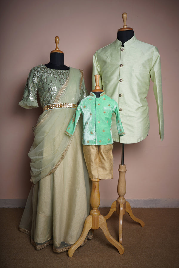 Light Green Fancy Embroidery Net and Rawsilk and Velvet with Special Embroidery Work and Gold Stone Belt in Family Clothing