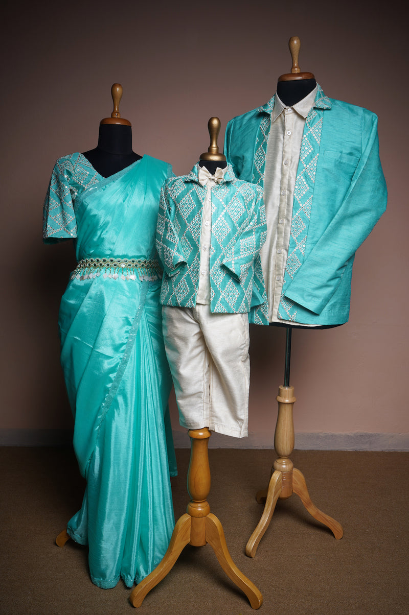 Aqua Green Embroidery Glass Fabric and Chinon with Rawsilk Family Clothing