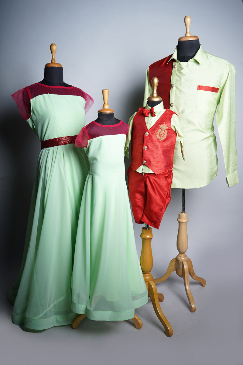 Light Green Georgette and Rawsilk with Red Highlights in Family combo