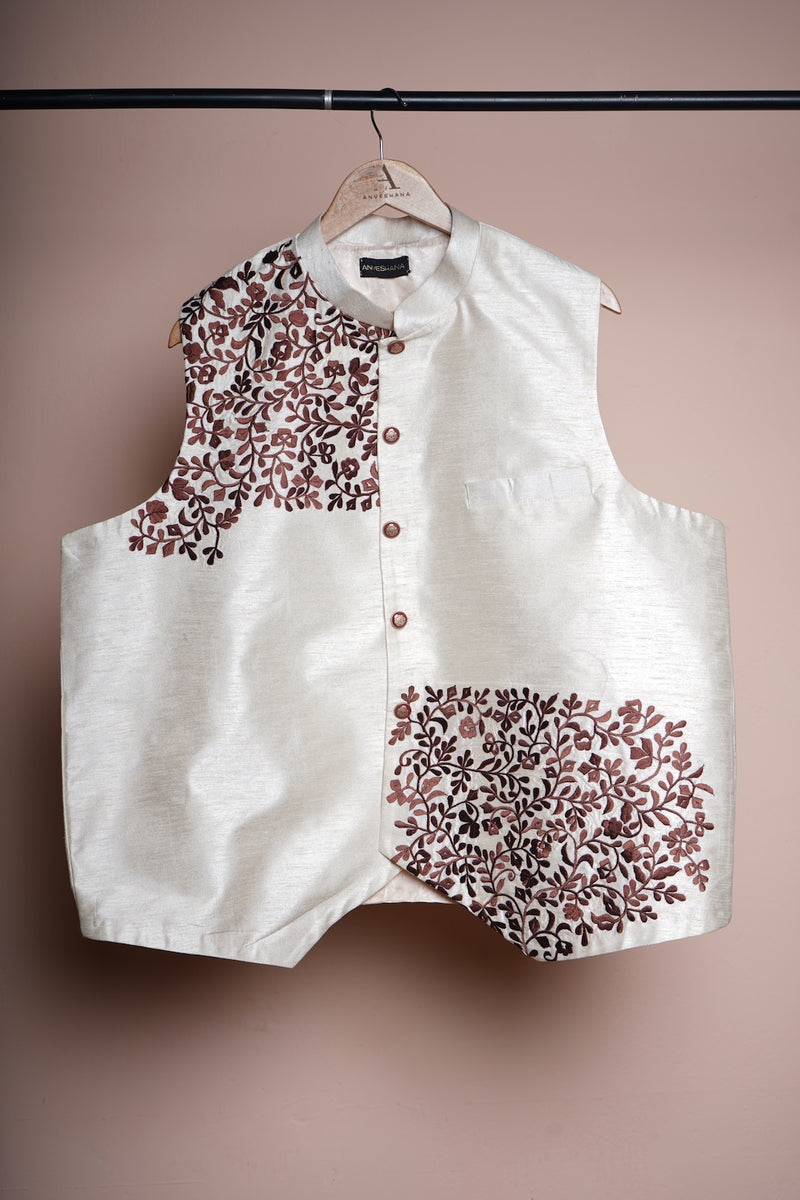 Half White Rawsilk with Special Embroidery work in Mens Waist Coat