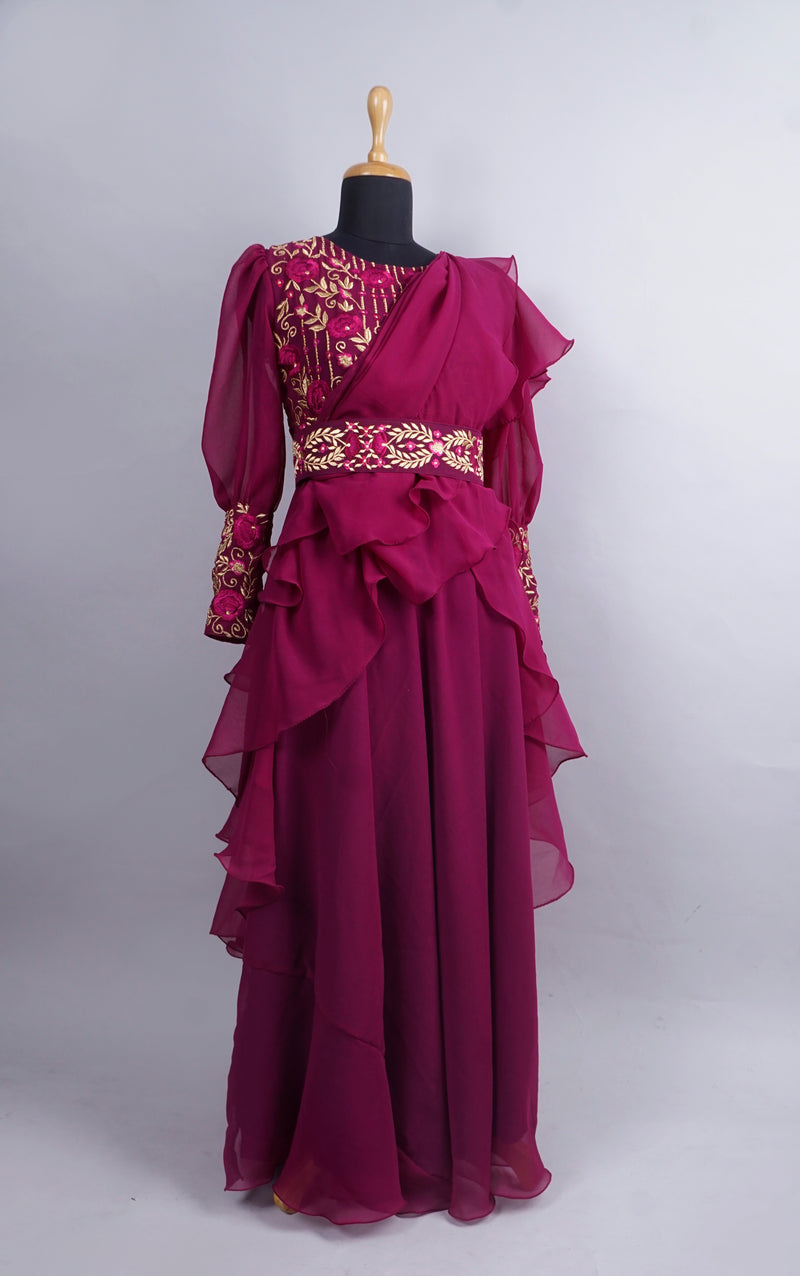 Magenta with Floral Embroireded Women Dress