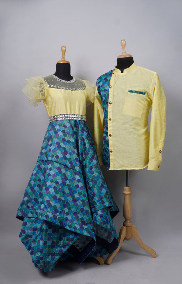 Yellow with Zari Embroidery Grand Couple Combo Matching Set