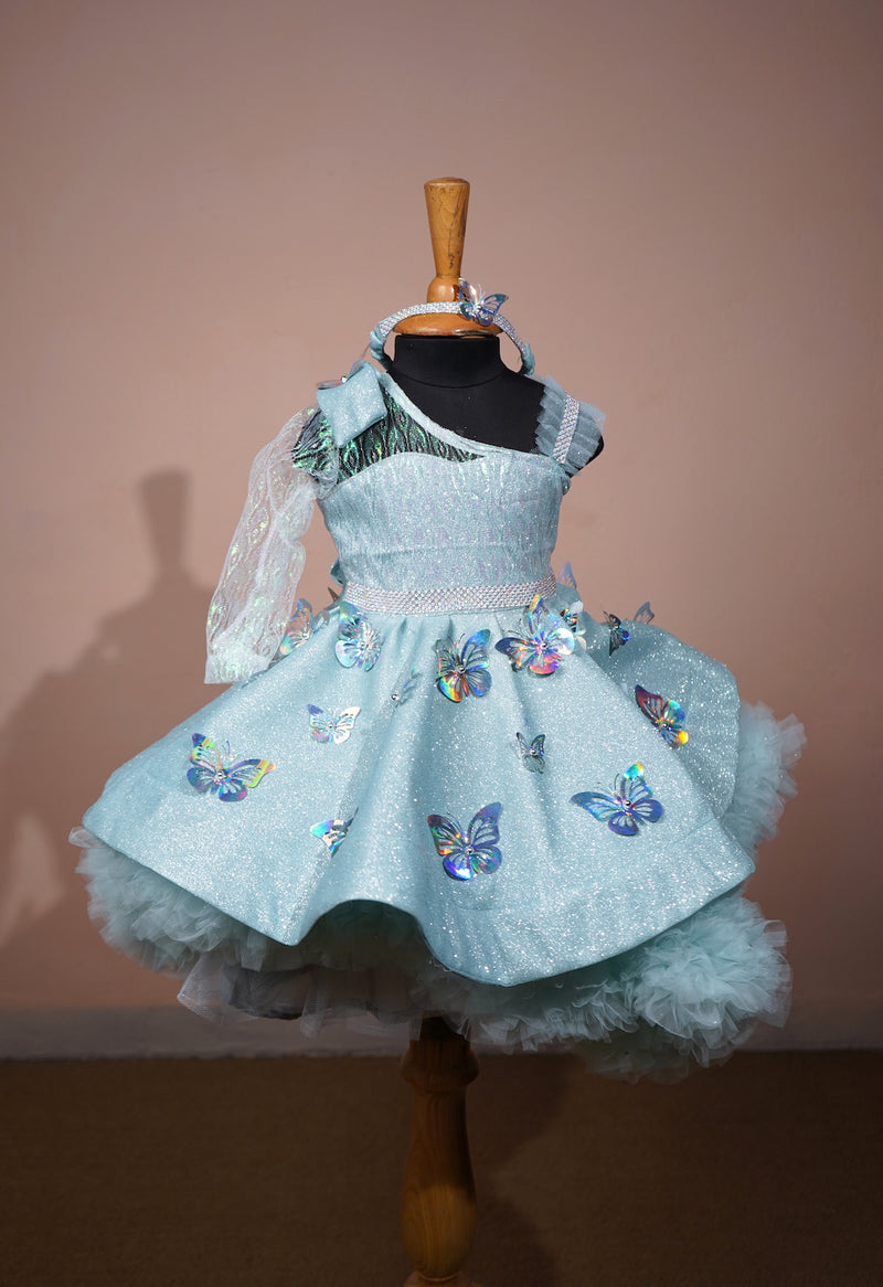 Light Blue Glitter Fabric and Holographic Organza  with Special Butterfly work in Girl Kid First Birthday Wear