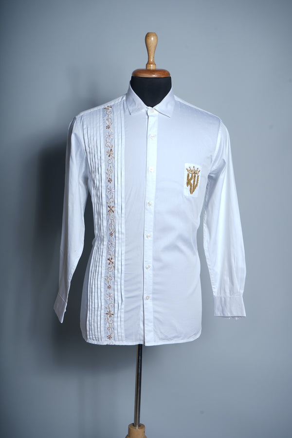 White Cotton with Special Embroidery work and Pleated Design Mens Shirt