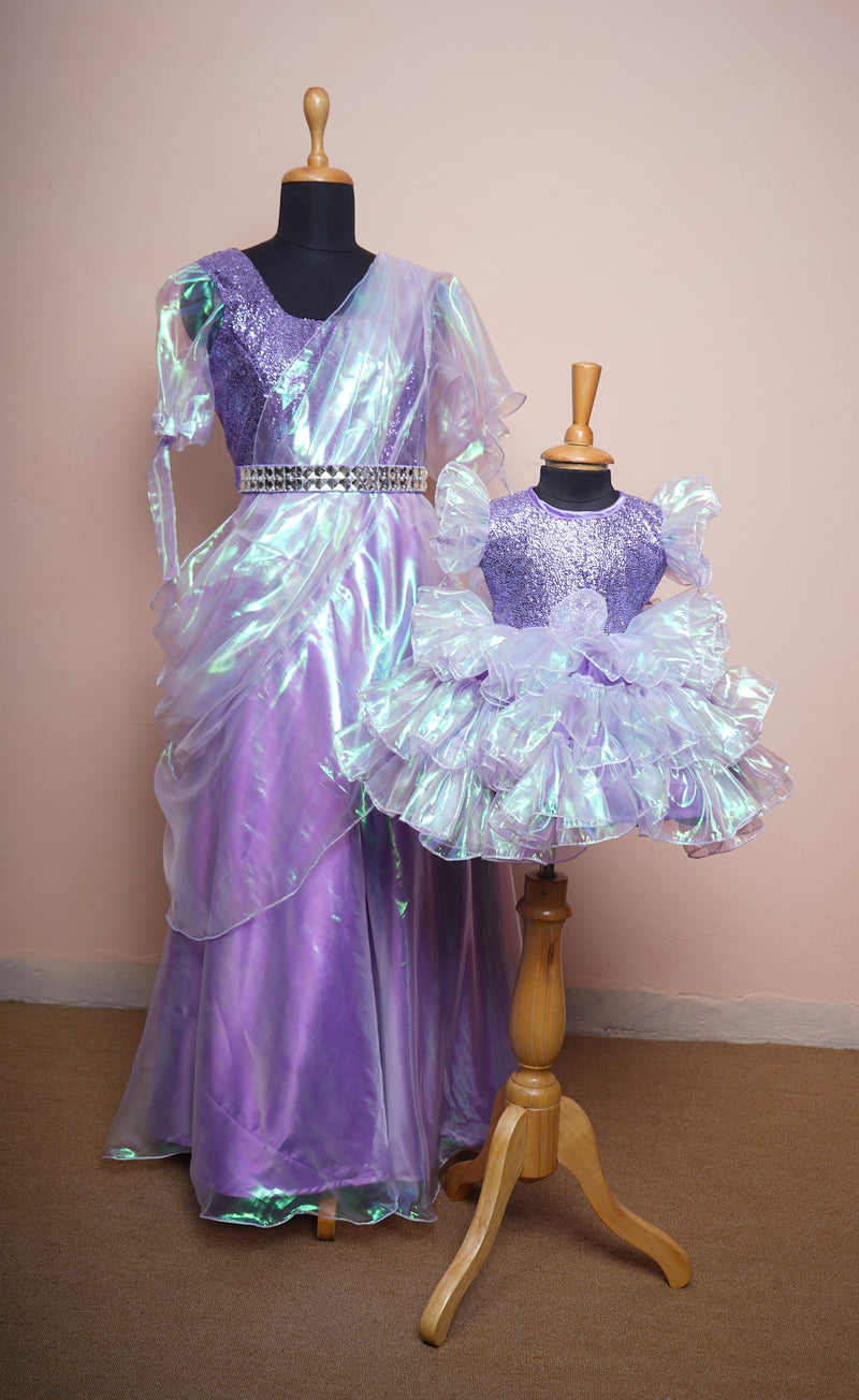 Lavender Sequin and Glass Organza with White Stone Belt Mom and Daughter Combo