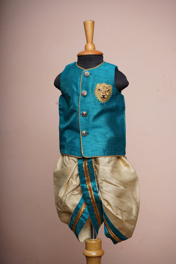 Peacock Blue and Gold Rawsilk with Special Lion Embroidery work in Boy kid First Birthday Wear