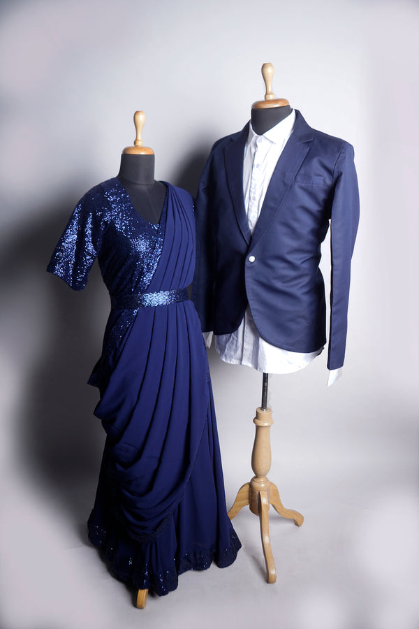 Blue Full Suit and Sequin with Georgette in Couple Clothing