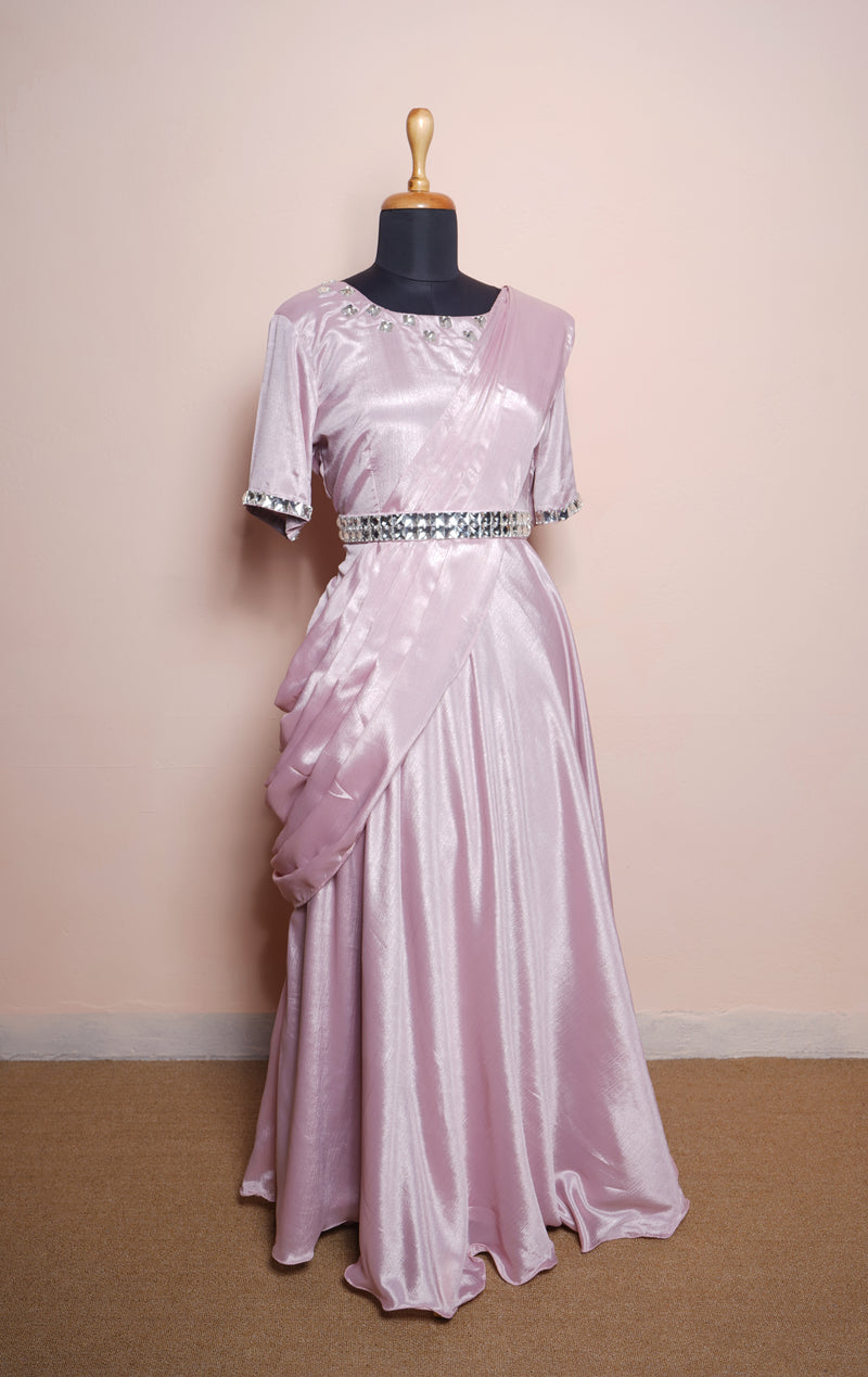 Plain Chinon Women Predraped Style with White Stone Belt Reception Dress
