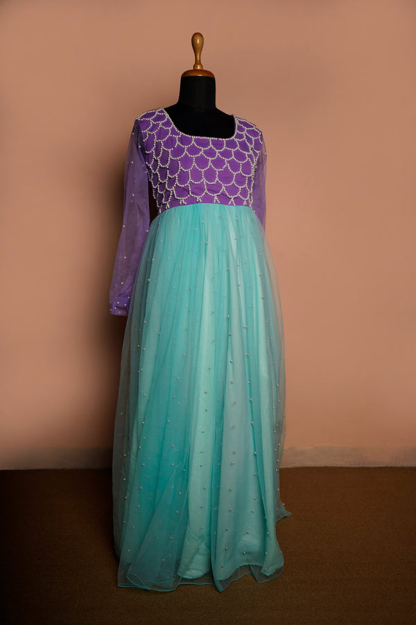 Lavender and Aqua Green Plain with Special pearl work in Womens Reception Wear