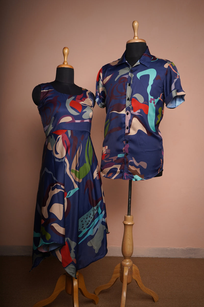 Multi Colour Printed Satin Couple Vacation Wear