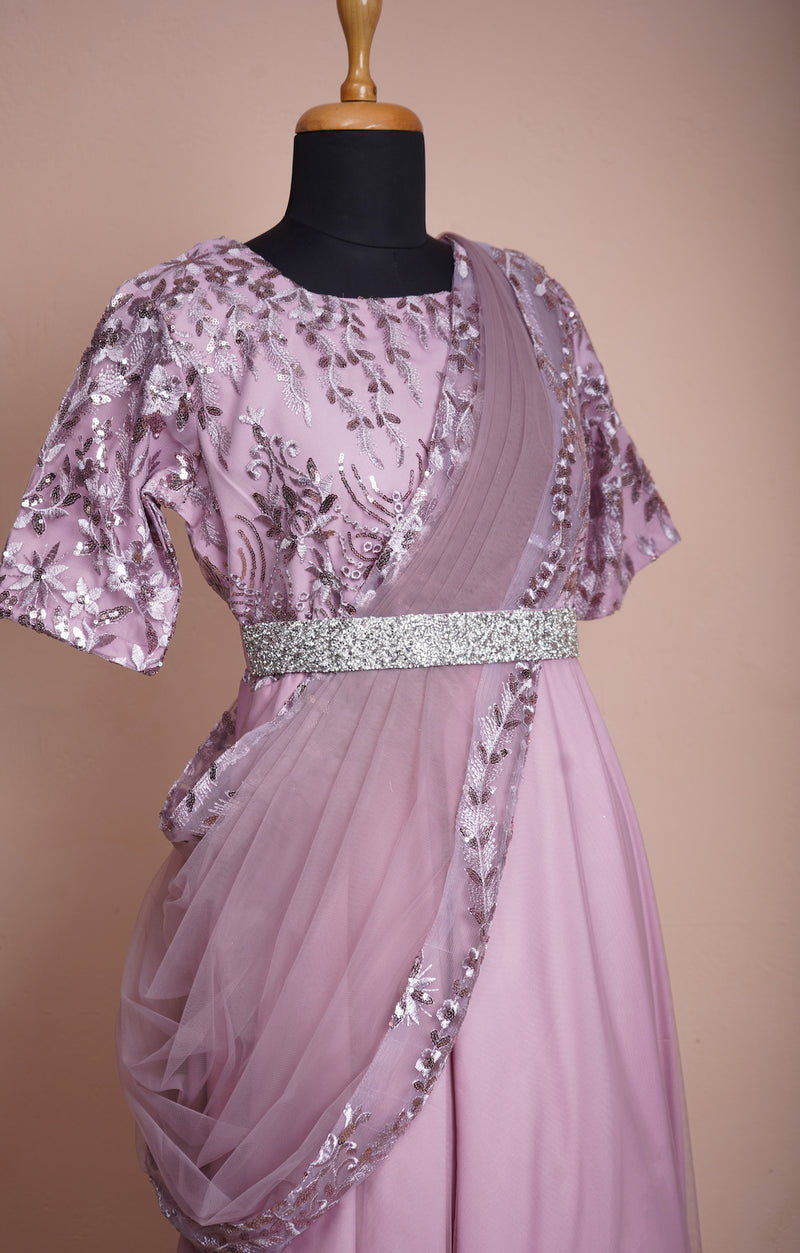 Lilac Fancy Embroidery net and Raswsilk and Plain Net with Special Stone Belt Womens Reception Wear