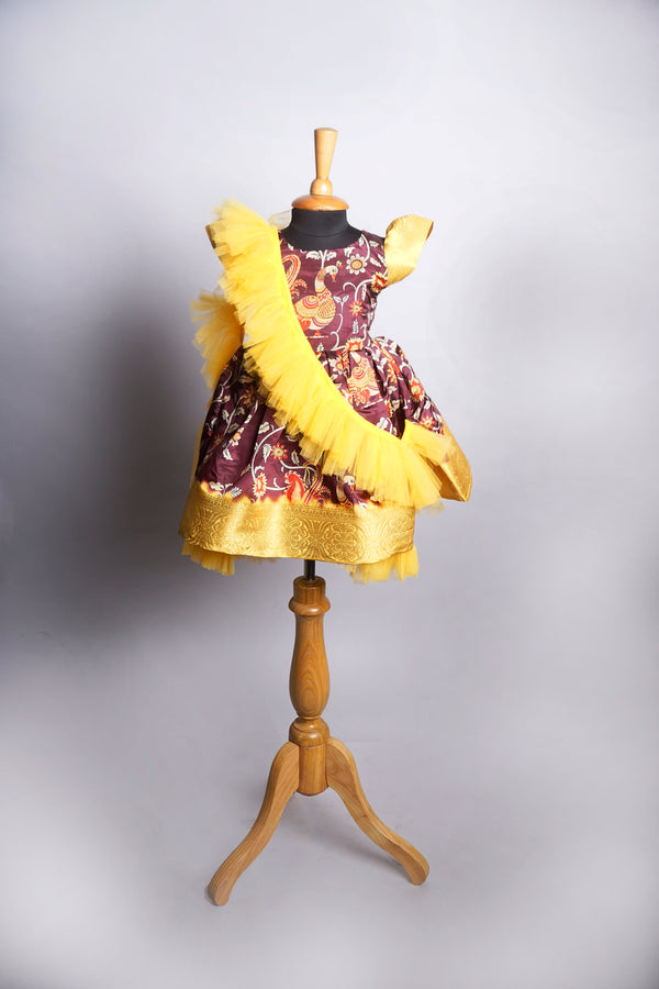 Brown Kalamkari with Yellow Border in Girl kid Birthday Dress