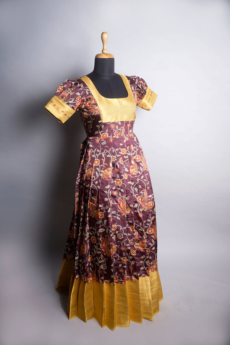 Brown Kalamkari with Yellow Border in Womens Traditional Dress