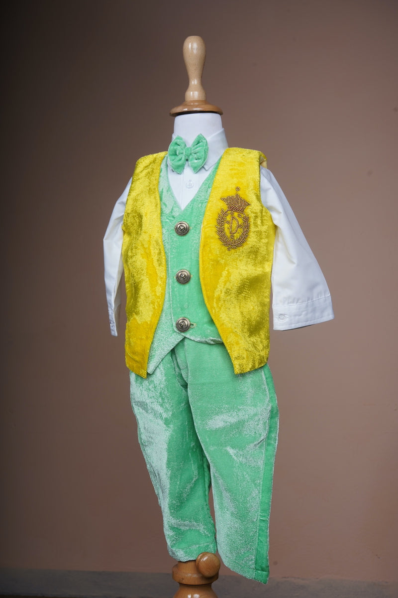 Yellow Velvet and Green with Special Embroidery work in Boy kid Birthday Wear