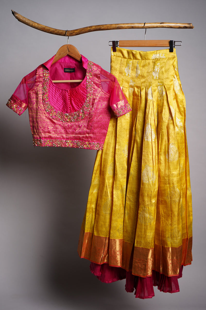 Pink and Yellow with Speacial Aari work in Girl kid Birthday Dress
