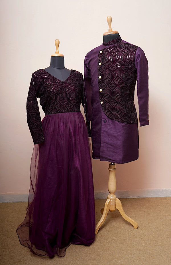 Sequin Embroidered Velvet and Rawsilk with Plain Net  Couple Clothing