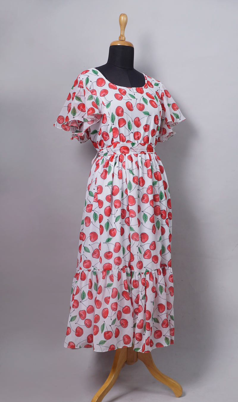 Red Cherry Printed Georgette Women Dress
