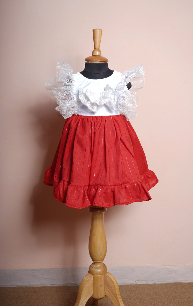 White Embroidery net and Red Lurex Girl kid Birthday Dress