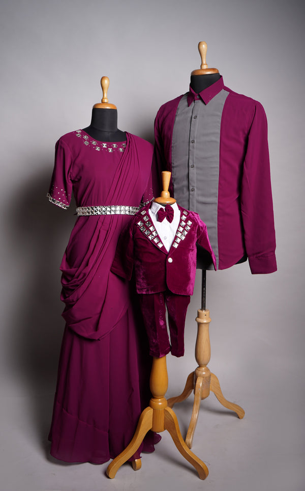 Dark Pink Georgette and Velvet With White Stone work in Family Clothing