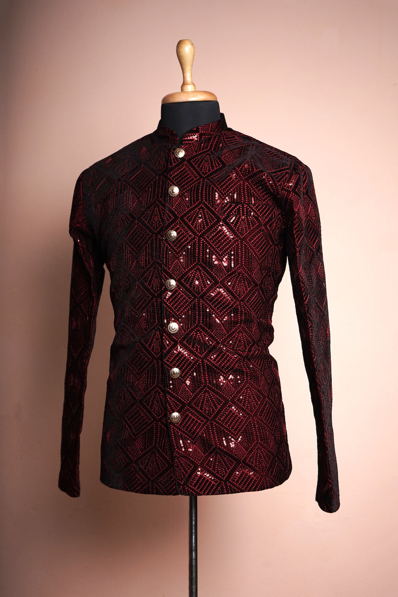 Maroon Sequin Embroidered Velvet Mens Reception Wear