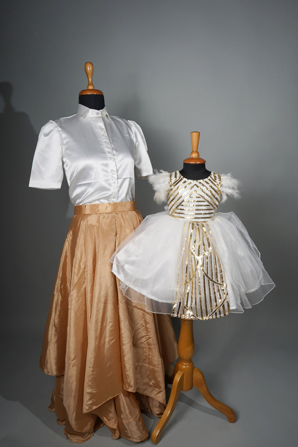 White Satin and Gold Striped Kali Fabric in Mom and Daughter Combo