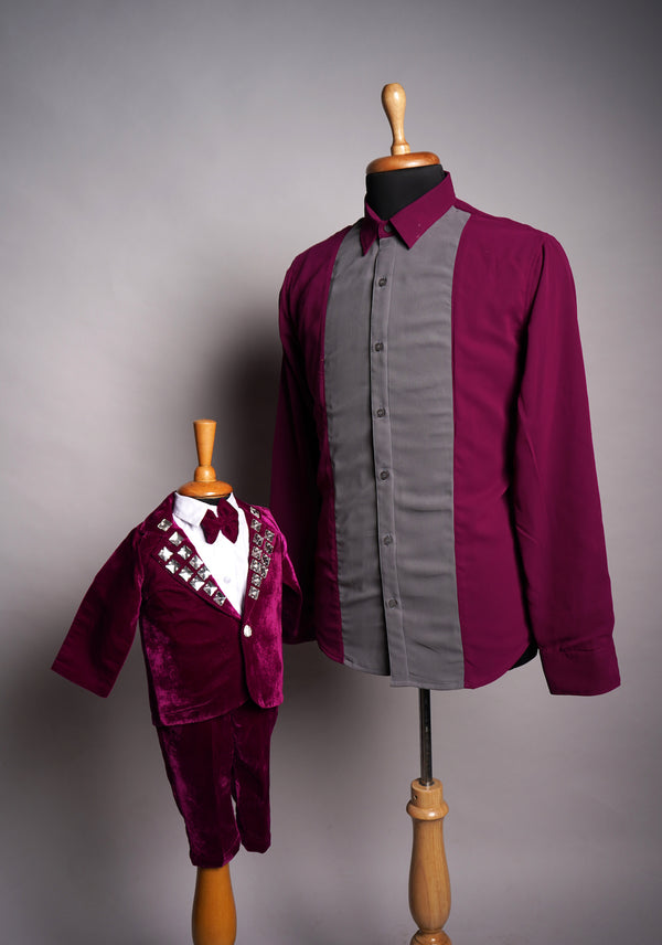 Dark Pink Georgette and Velvet With White Stone work in Dad and Son Combo