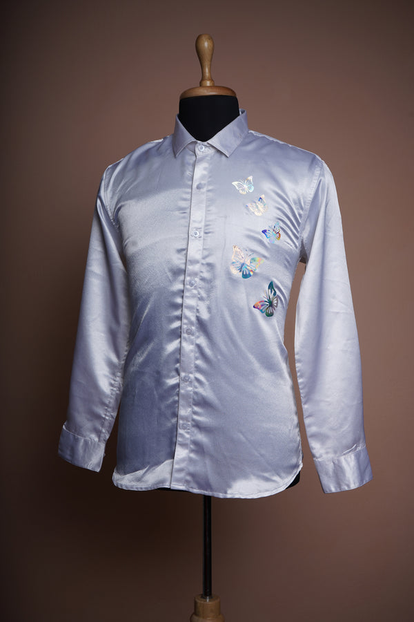 White Satin with Special Butterfly work in Mens Party Wear Shirt