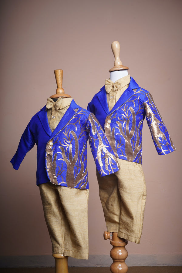 Cobalt Blue and Gold Rawsilk with Special Embroidery work in Sibling Combo