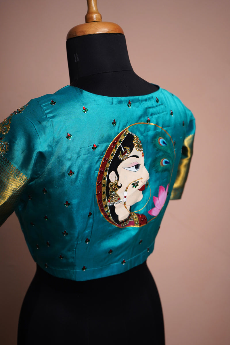Aqua Green Silk with Special Hand painting Womens Blouse