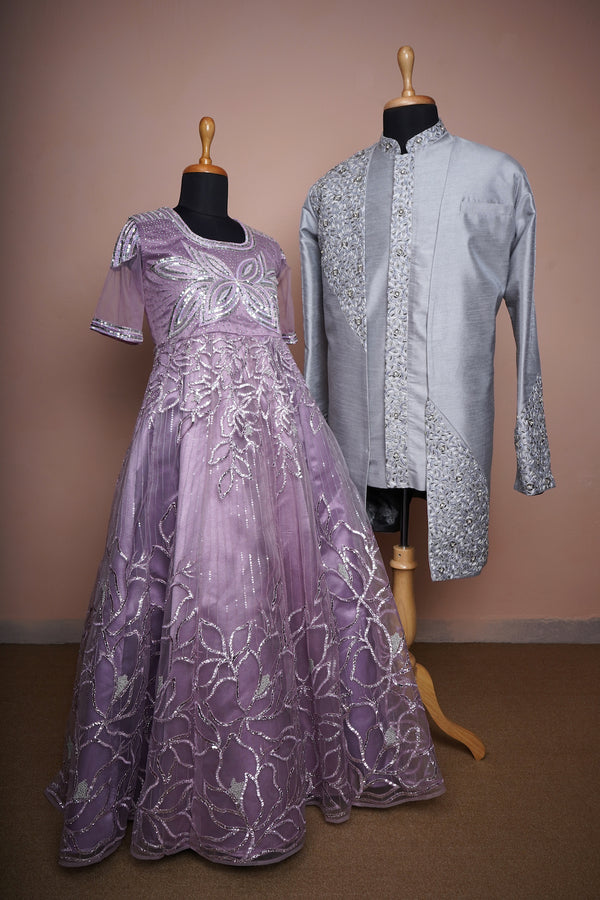 Grey Rawsilk and Lilac Kali Fabric and Plain net with Special Embroidery work in Couple Bridel Wear