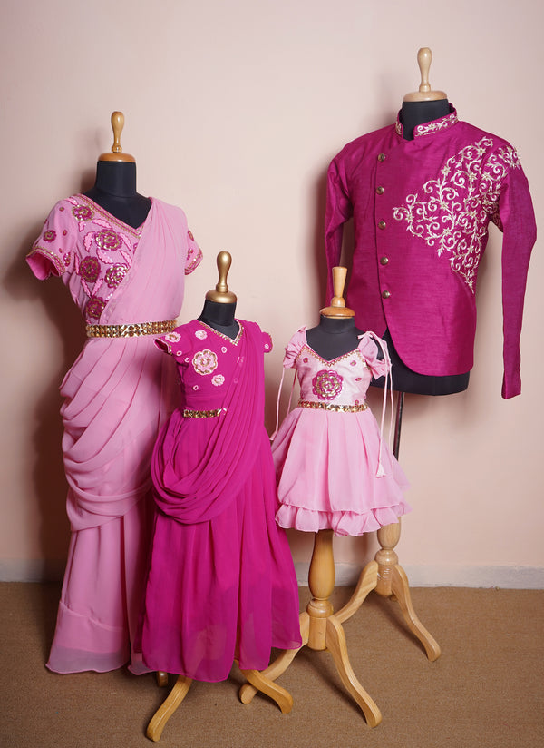 Dark Pink and Light Pink Rawsilk and Plain Georgette With Speacial Embroidery work in Family Clothing