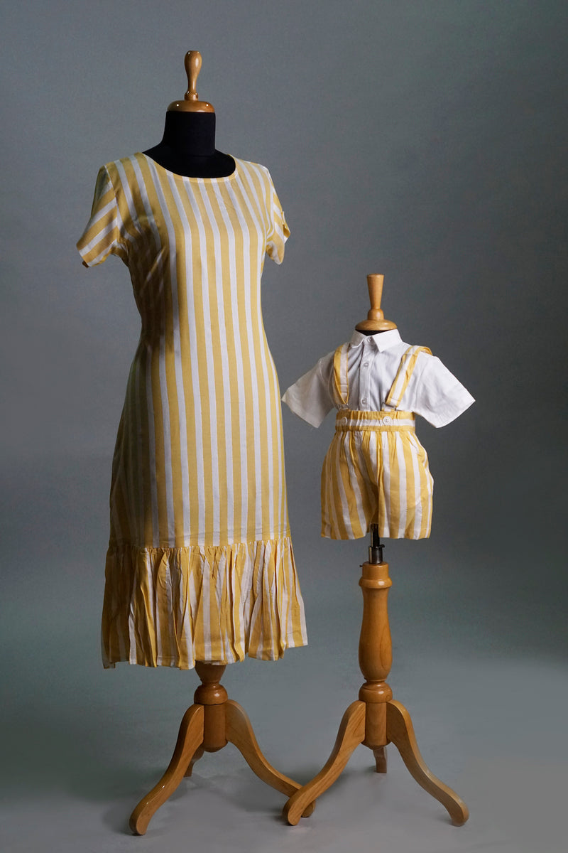 Yellow White Striped Mom & Son  Combo Matching Set