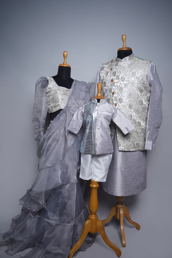 Silver Organza and Brocade and Rawsilk with Metal Stripes Family Clothing