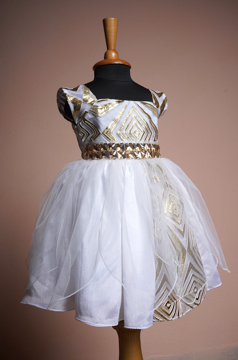 White Satin and Gold Design Kali FabricWith Stone Work Girl KId Birthday Dress