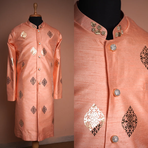 Peach Foil Worked Men's Sherwani