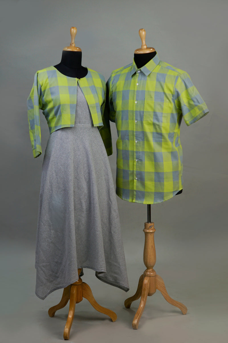 Green Grey checked Couple Combo Matching Set