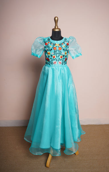 Aqua Green Organza with Speacial Embroidery work in Girl Kid Birthday Wear