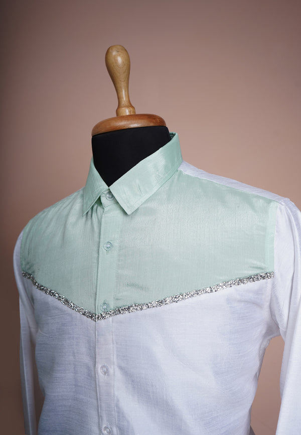 Light Green and White Rawsilk with Special Stone Foil Patch work in Mens Party Wear Shirt