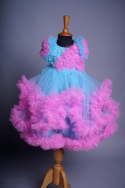 Sky Blue Net and Pink Net Girl Kid Birthday Frock