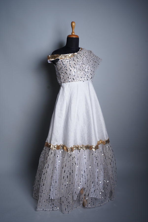 White Sequin Embroidery net and Rawsilk Womens Reception Dress