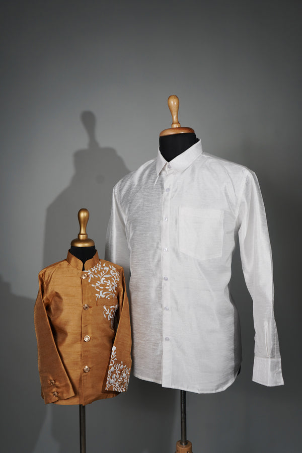 White and Gold Colour Rawsilk with Speacial Embroidery work in Dad and Son Combo