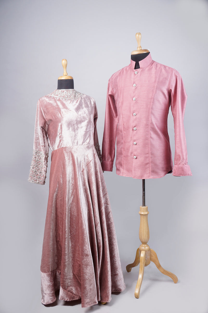 Peach Velvet and Rawsilk with speacial stone work in Couple Clothing