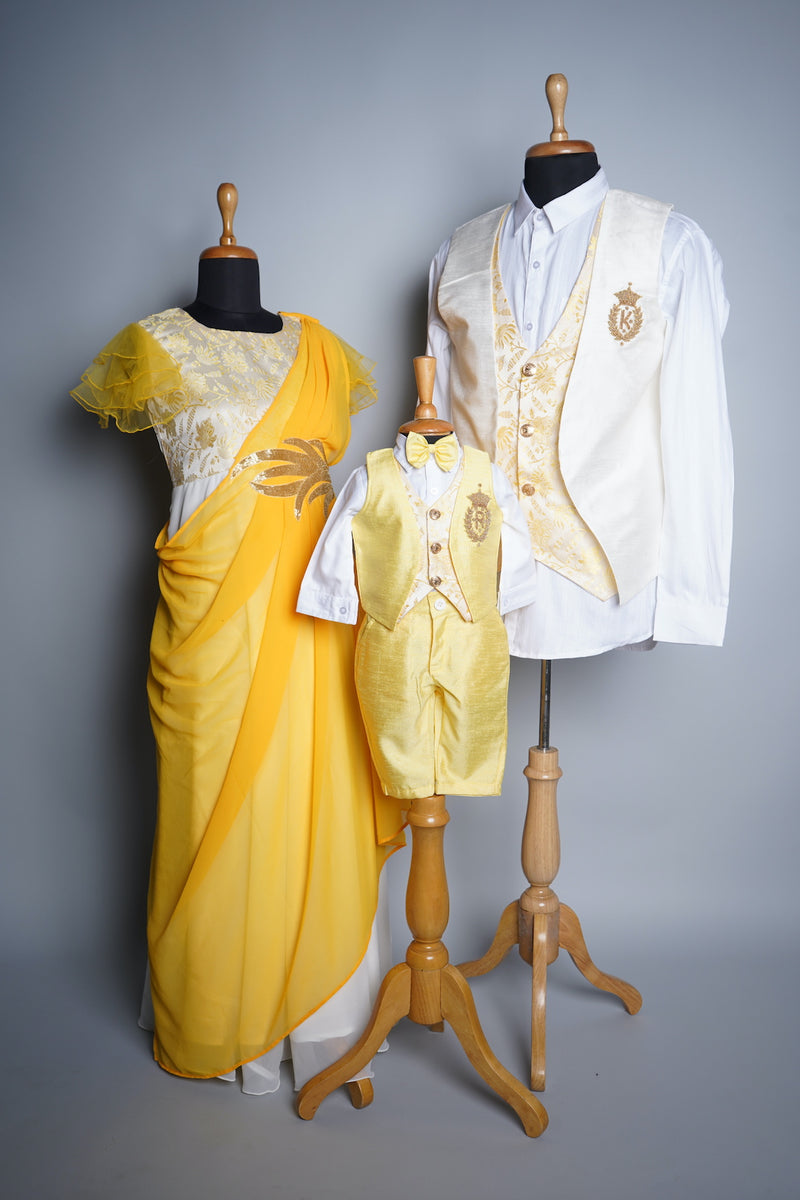Yellow and Half White Bahubali Brocade and Rawsilk with Speacial Crown work in Family Clothing