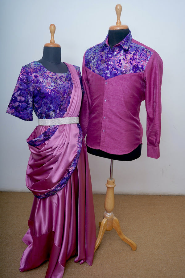 Embroidered purple and Fuchsia Couple Clothing
