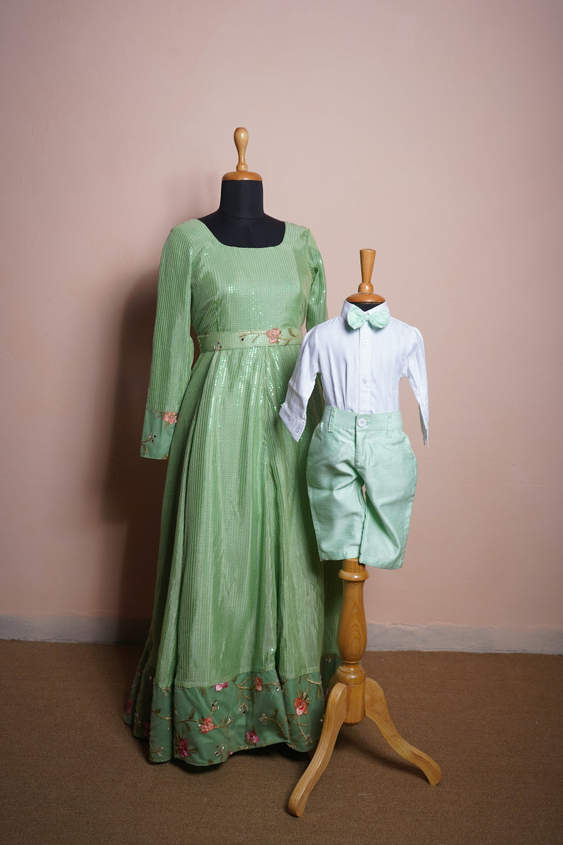 Light Green Sequin and Embroidery Fabric with White Cotton Shirt and Rawsilk Pant Mom and Son Cmbo Set